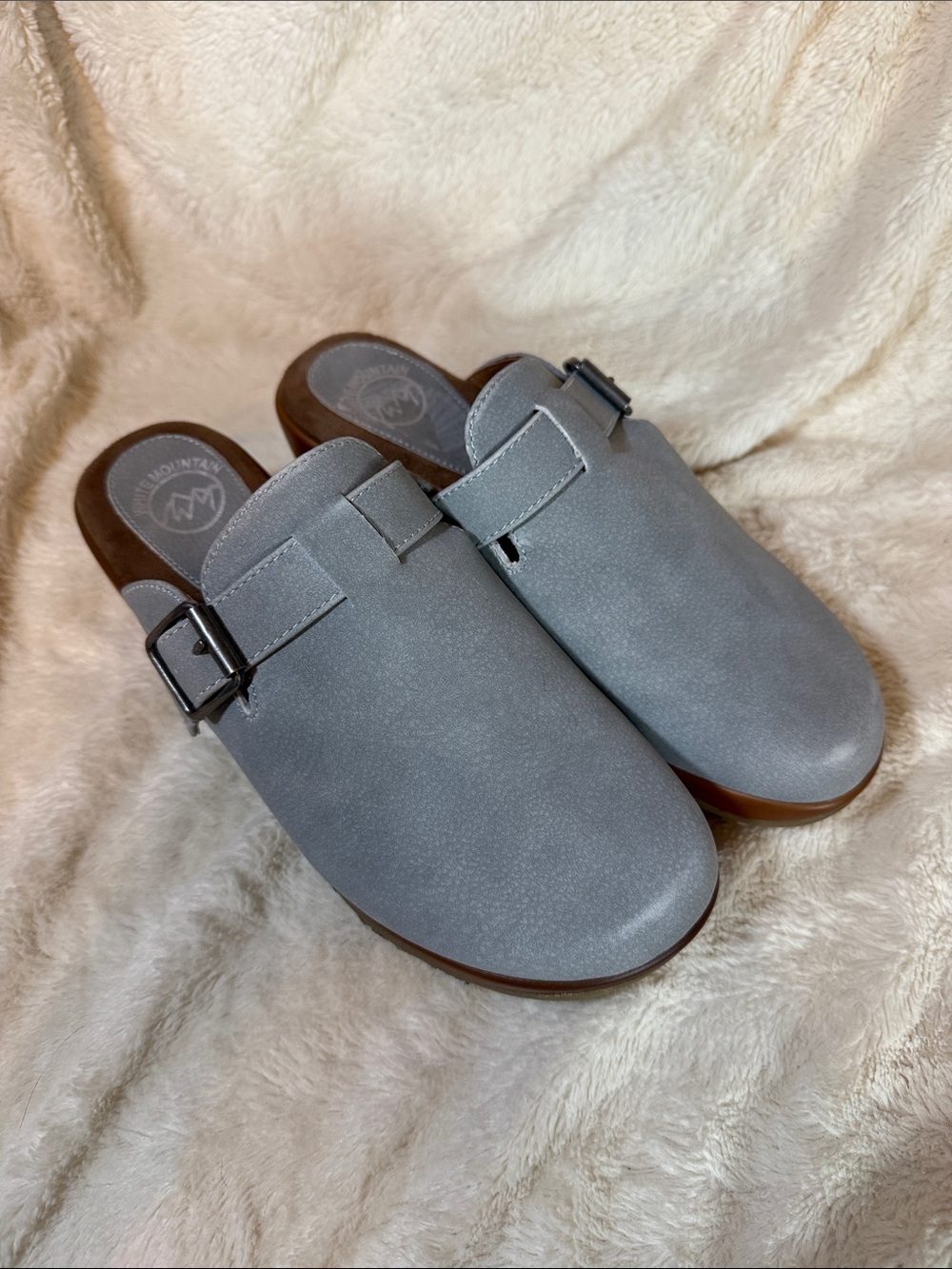 White Mountain Viewed Grey Faux Suede Wedge Clog Mules Womens 8W Bohemian Retro